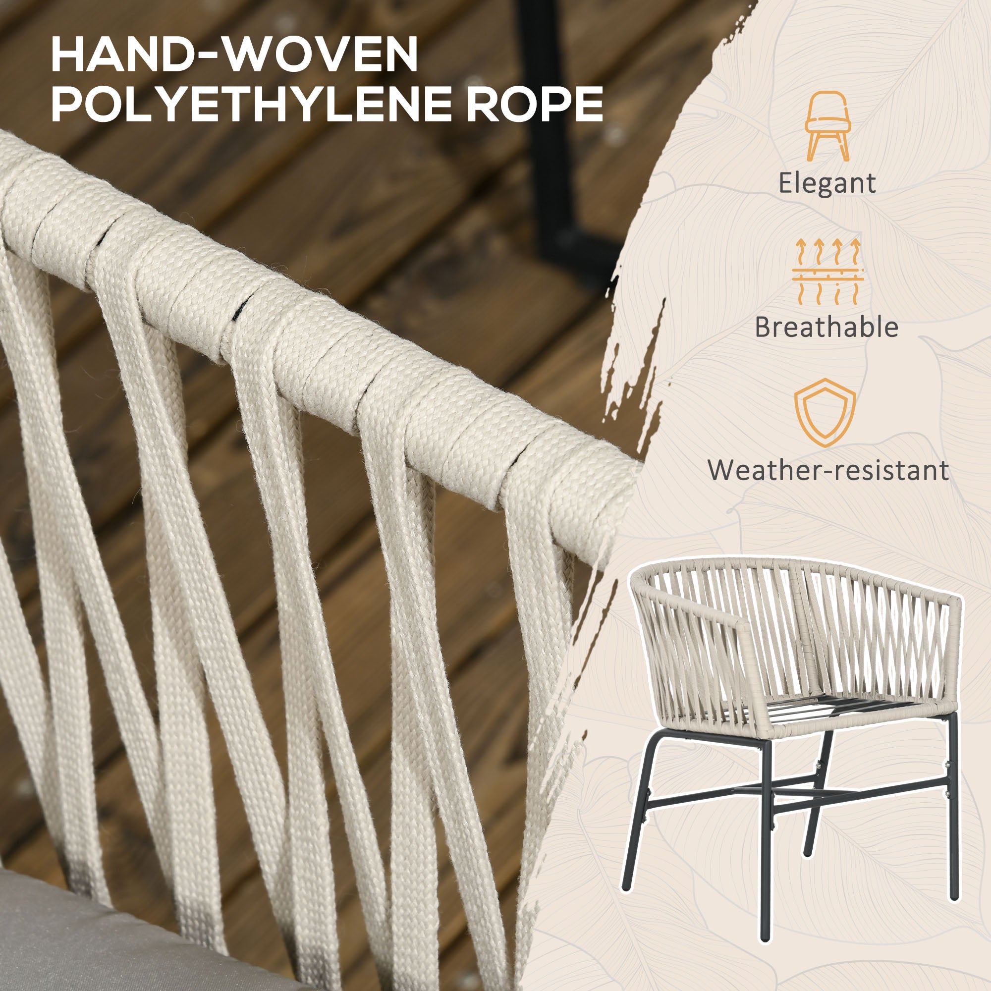 Outsunny set 2 boho -style garden chairs with rope coating and padded cushions, gray - Borgè