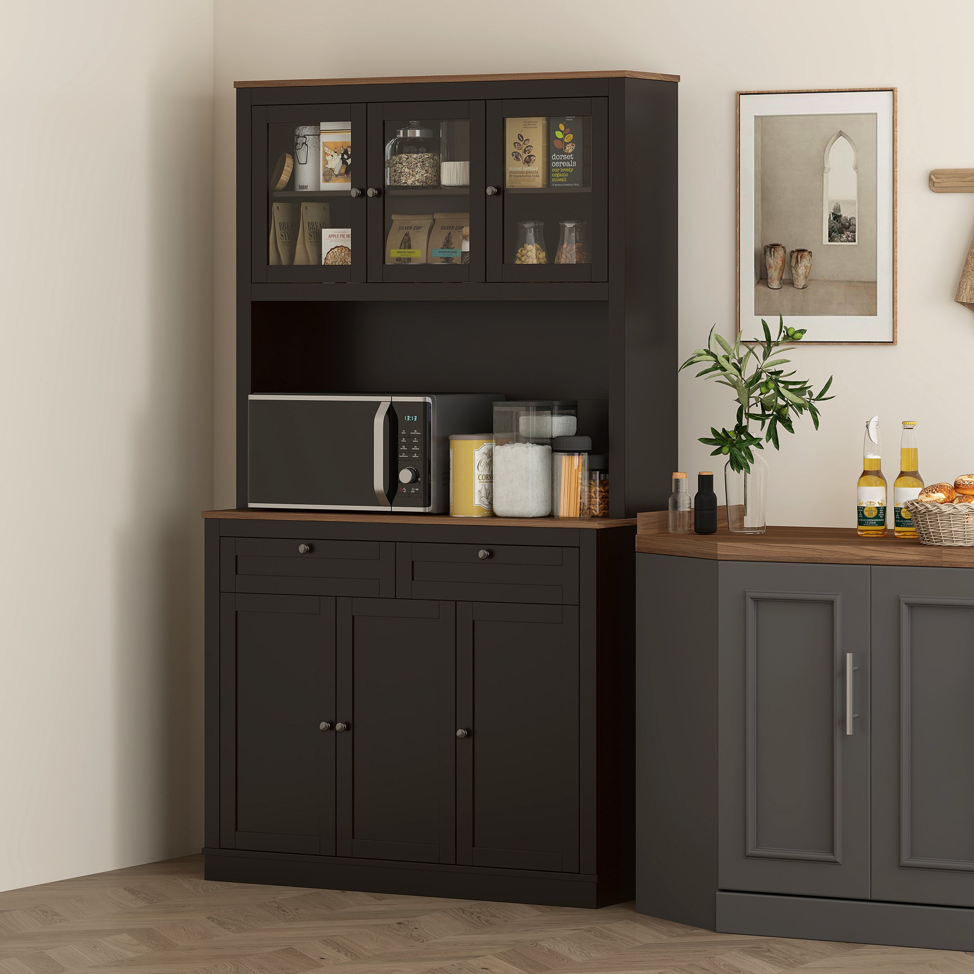 Tall Kitchen Sideboard with 4 Cabinets, 2 Drawers and Central Top, 100x40x180 cm, Black