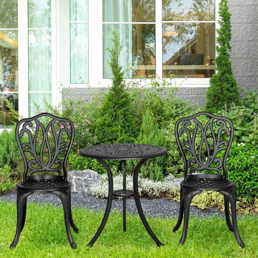 Outsunny 3-Piece Garden Set with 2 Outdoor Chairs and Glass Table with Umbrella Hole, Aluminum, Black