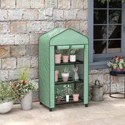 Outsunny Mini Garden Greenhouse with PE Cover, 3 Shelves and Wheels, 69x49x130cm, Green - Borgè