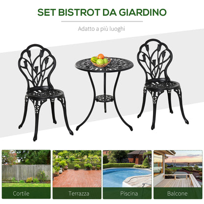 3-Piece Garden Set in Aluminum with 2 Chairs 42.5x47.5x89 cm and Round Table Ø60x67 cm, Black