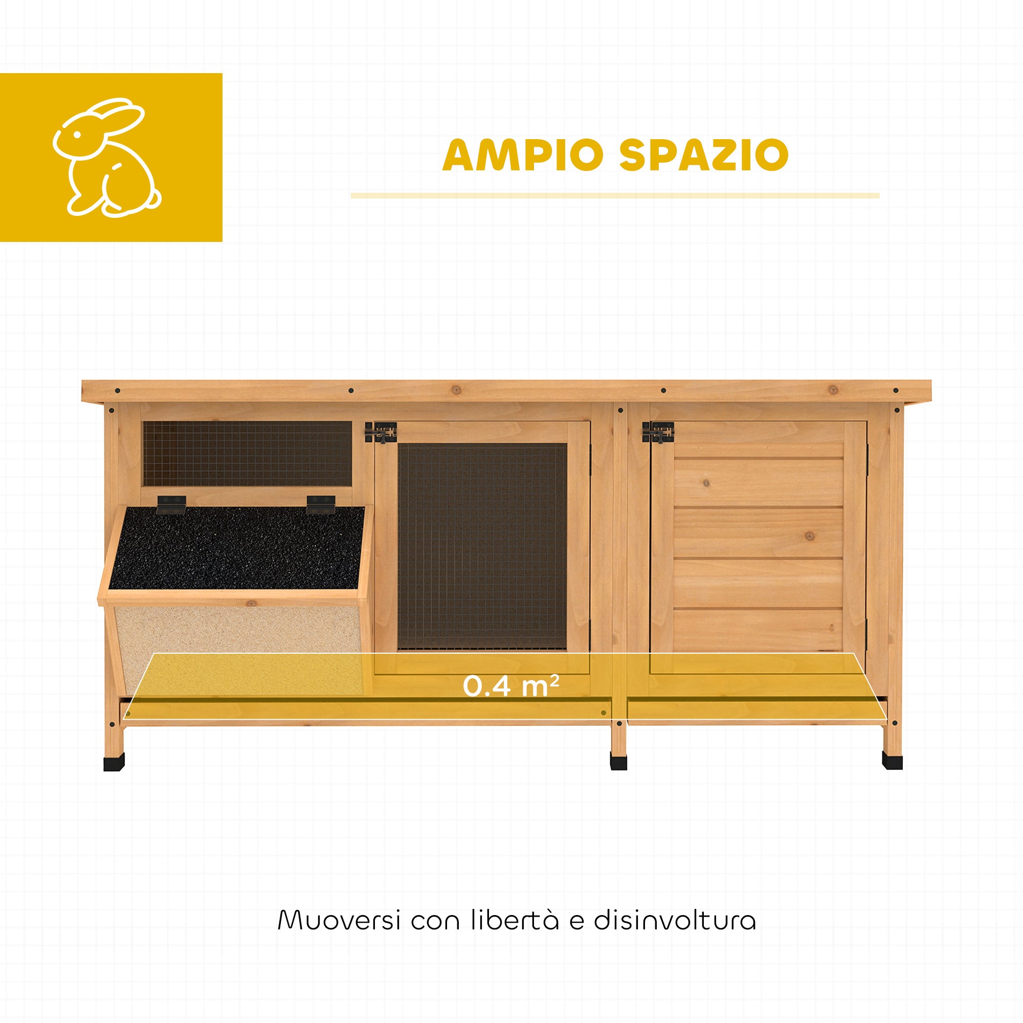 PawHut Outdoor Wooden Rabbit Hutch with Asphalt Roof, House, Trays and Feeder, 112x50x54 cm, Yellow