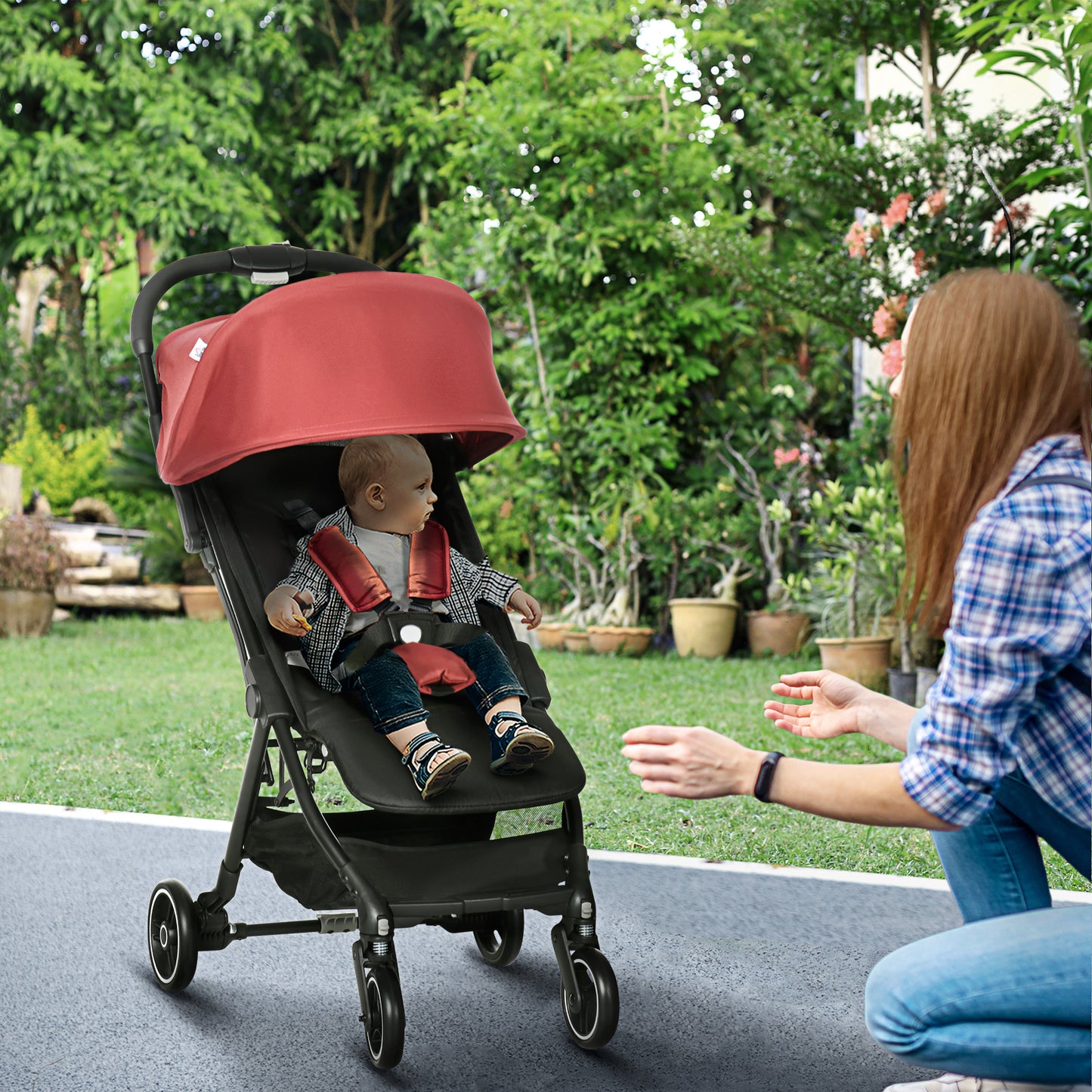 HOMCOM Stroller for Children 0-36 Months with Canopy, Foldable Design and Storage Basket, 128x58x106 cm, Red and Black