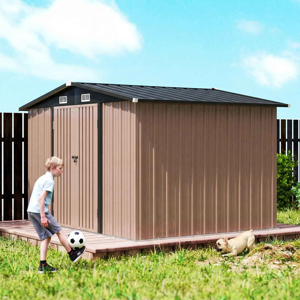 Outsunny 305 x 245 cm Metal Storage Shed, Sturdy Garden Shed with 4 Vents and Lockable Double Doors, Brown