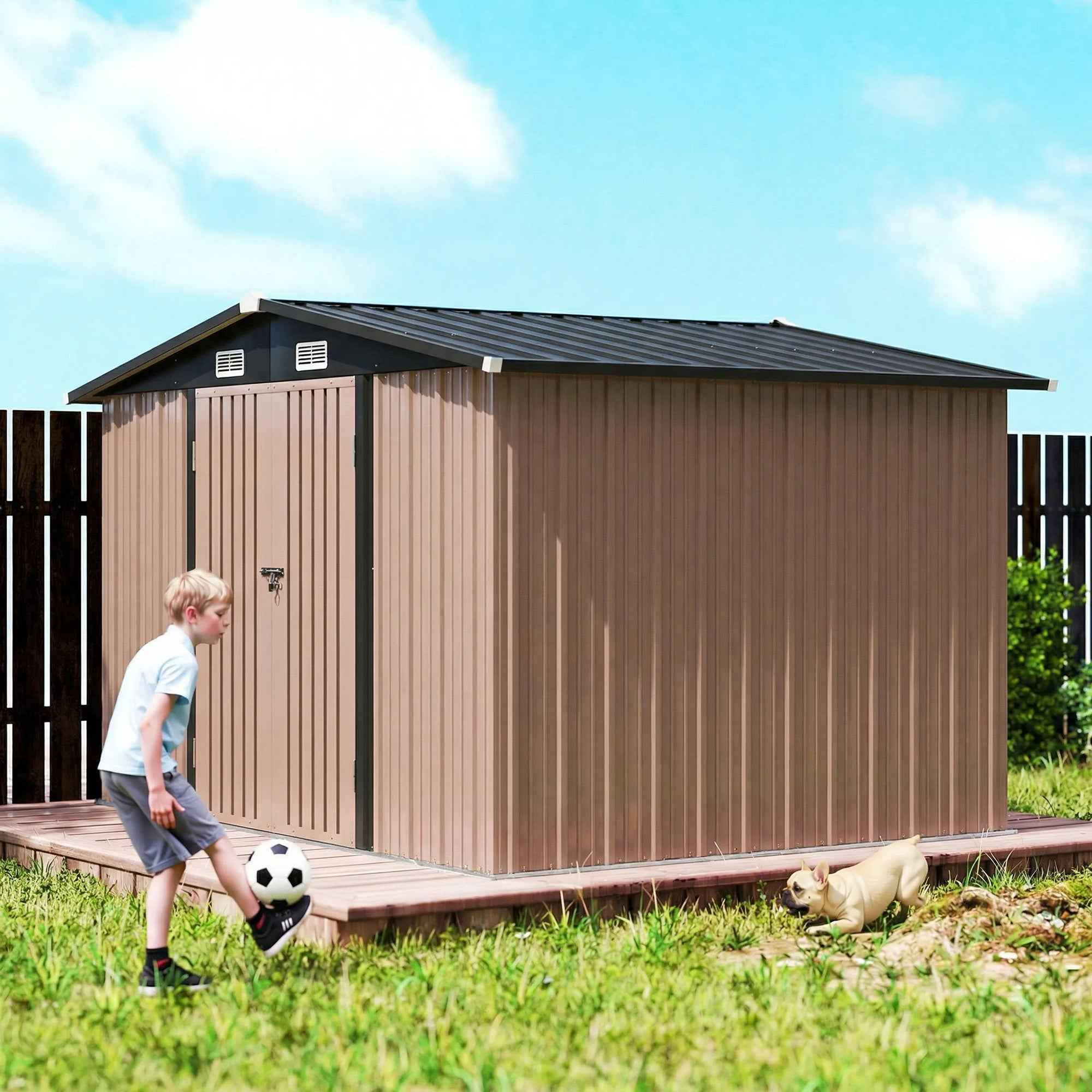 Outsunny 305 x 245 cm Metal Storage Shed, Sturdy Garden Shed with 4 Vents and Lockable Double Doors, Brown