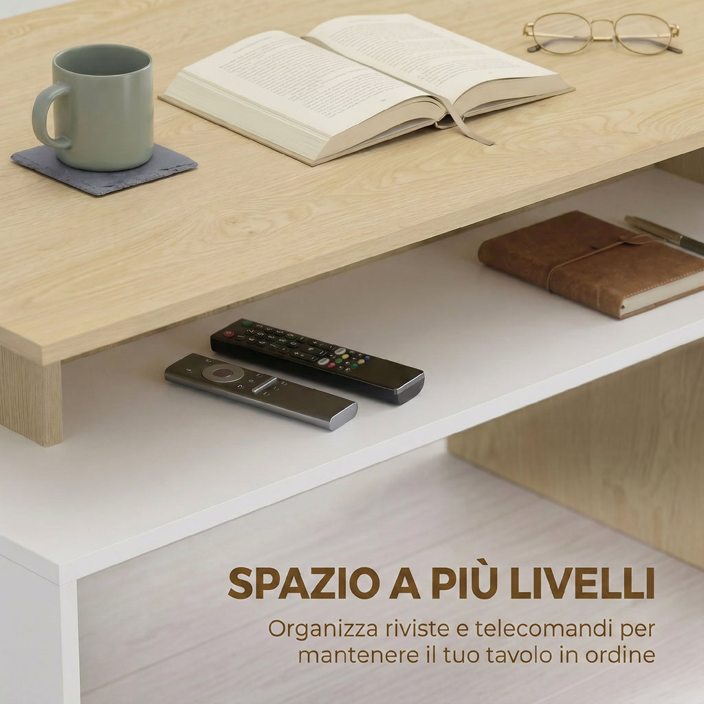 HOMCOM Two-Tone Coffee Table with Asymmetrical Shelf, 95x55x50 cm, Natural Wood and White