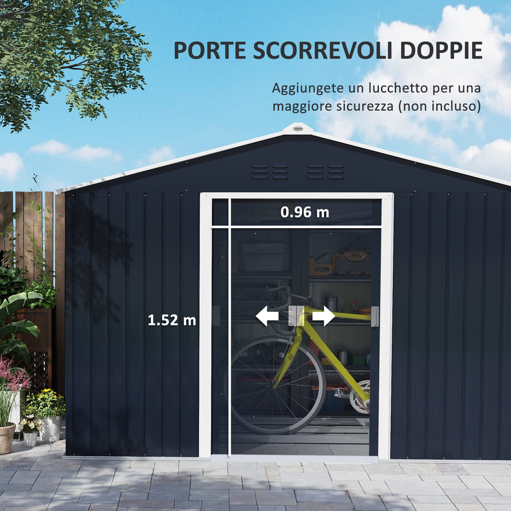 Steel Tool Shed with Sloped Roof and 2 Sliding Doors, 277x195x192 cm, Dark Grey