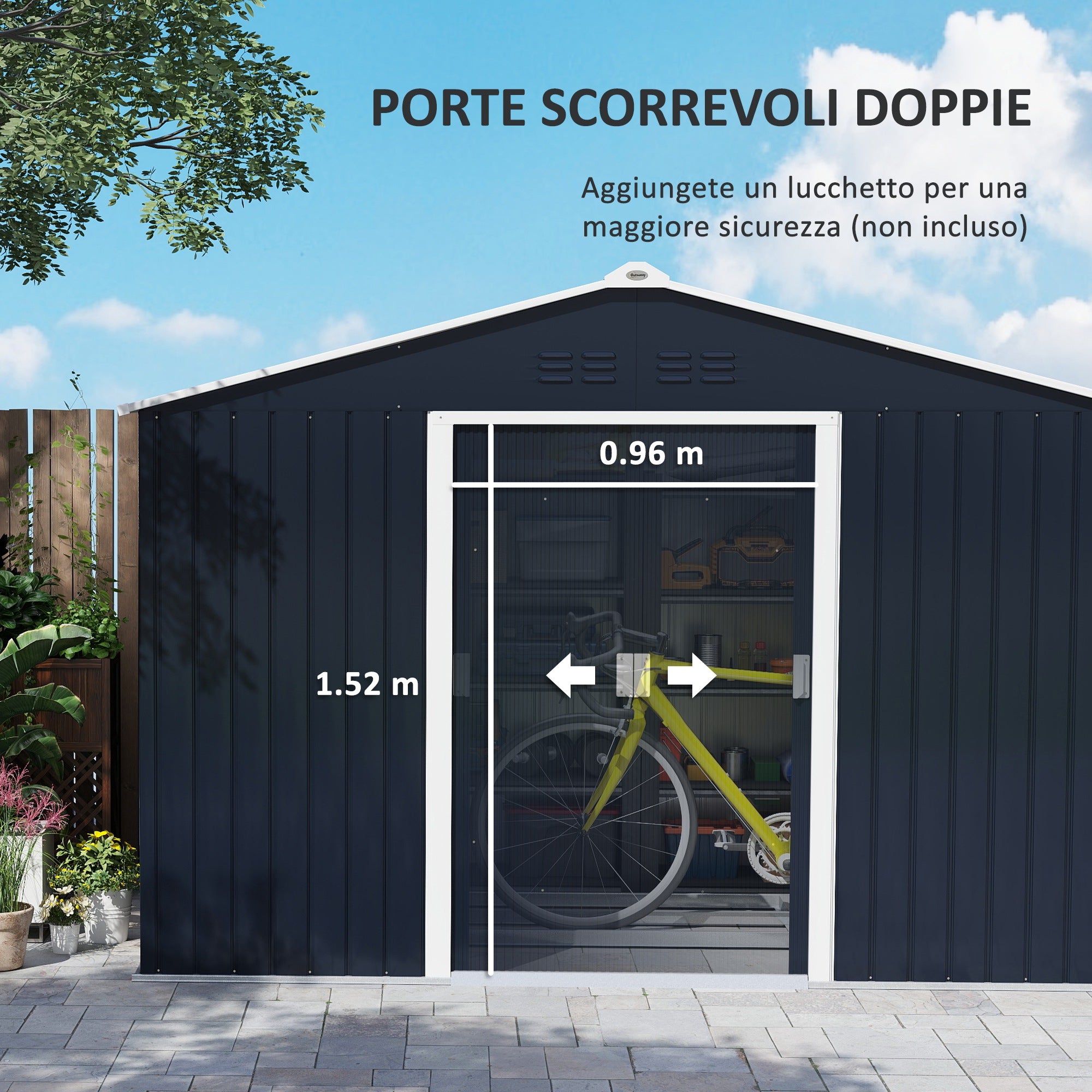 Steel Tool Shed with Sloped Roof and 2 Sliding Doors, 277x195x192 cm, Dark Grey