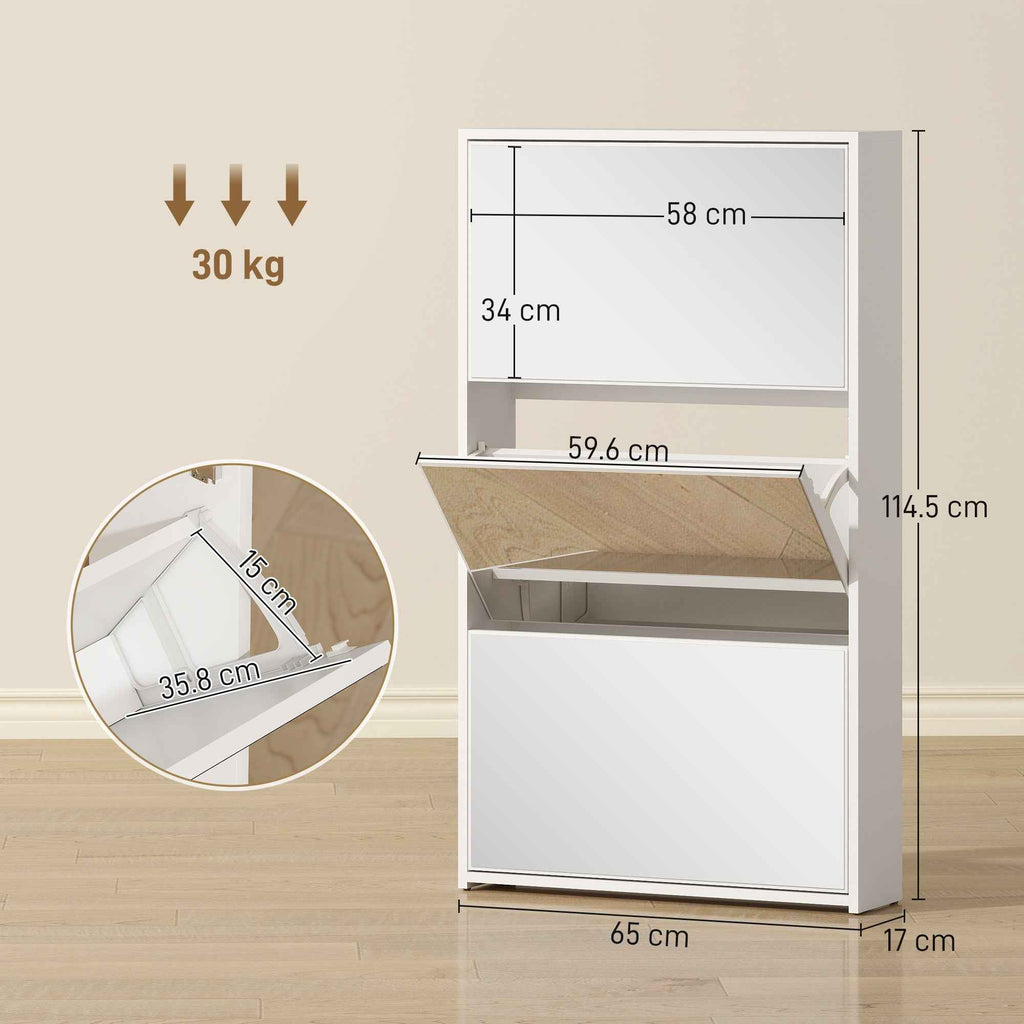 HOMCOM Mirrored Shoe Rack with 3 Flap Drawers for 9 Pairs of Shoes, Wooden, 65x17x114.5 cm, White