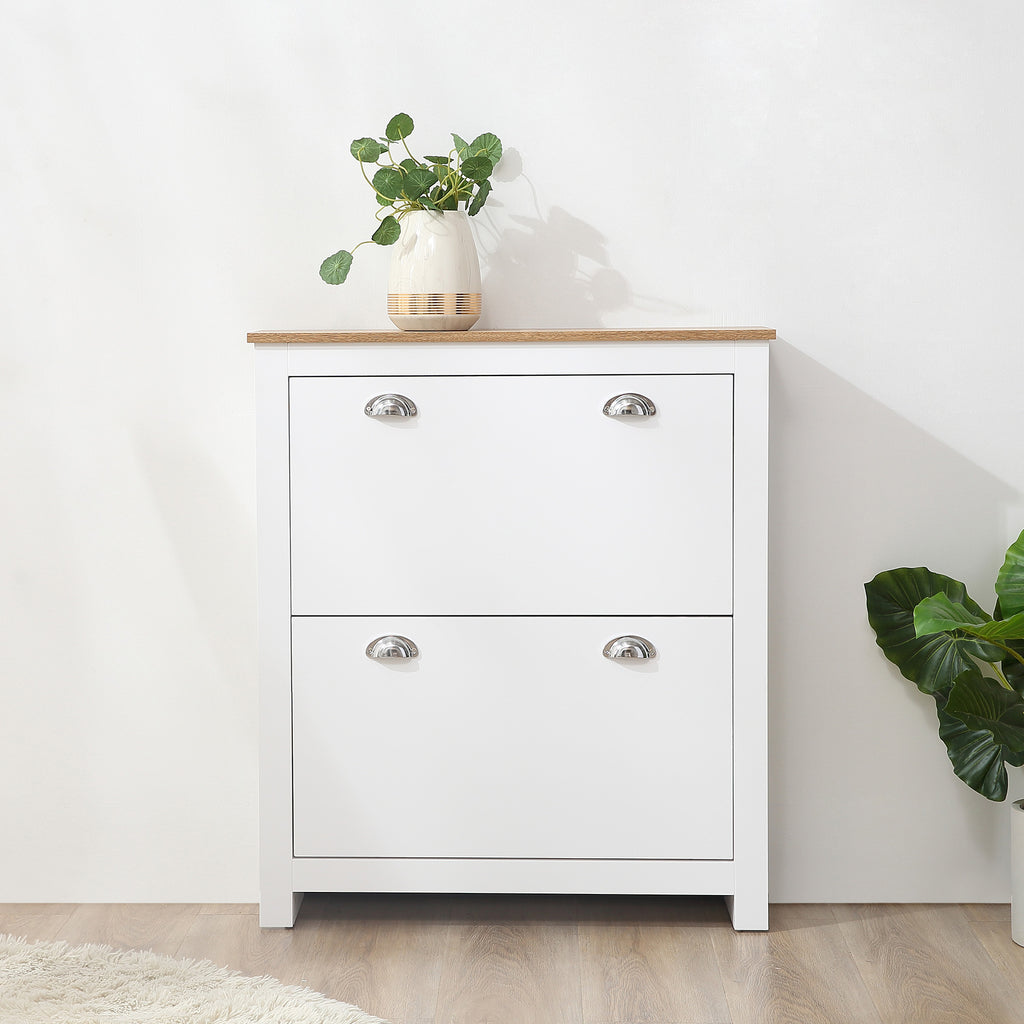 Slim Shoe Rack 2 Flap Drawers and Adjustable Shelf for 12 Pairs of Shoes, 79x23x90.5 cm, White
