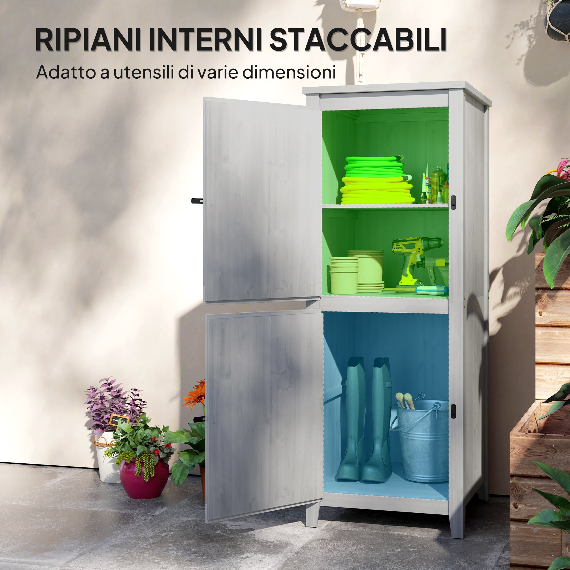 Garden Tool Shed with 2 Lockers, Locking Doors and Removable Shelves, Grey