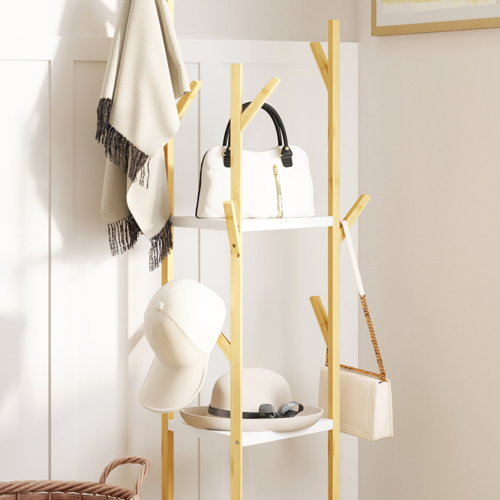 Tree Clothes Hanger in Bamboo with 8 Hooks and 3 Shelves, Natural Wood and White