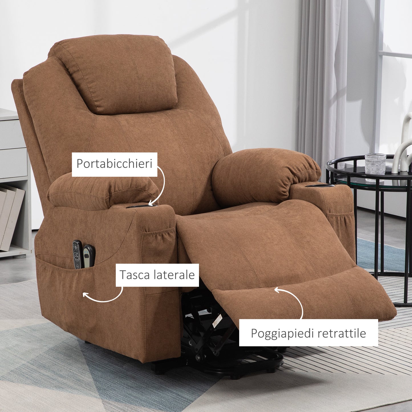 HOMCOM 8-Point Massage Lift Chair with Remote Control, in Linen Effect Fabric, 90x101x107 cm, Coffee - Borgè