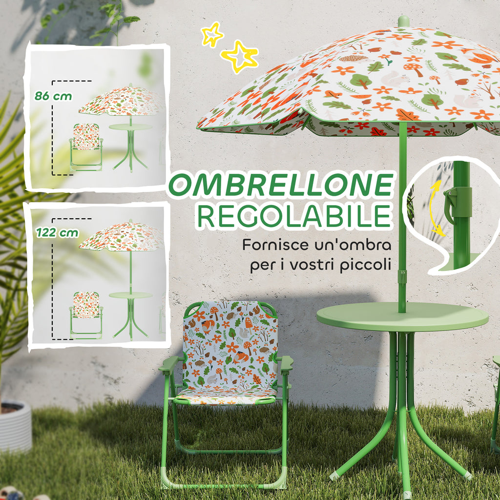 Garden Set for Children 2-5 Years with Round Table, 2 Folding Chairs and a Parasol, Green