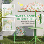 Garden Set for Children 2-5 Years with Round Table, 2 Folding Chairs and a Parasol, Green