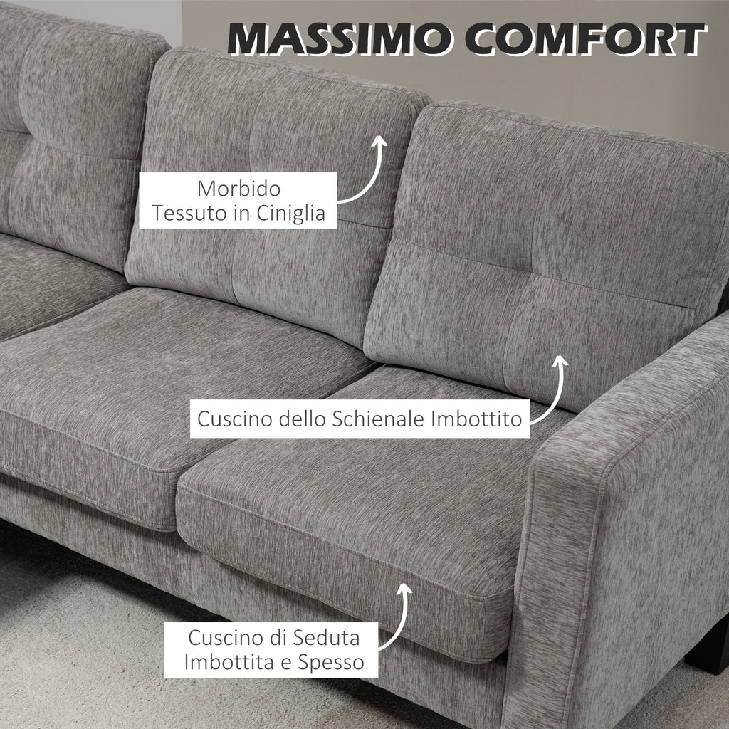 3-Seater Corner Sofa with Seat and Back Cushion, in Chenille Effect Fabric, 186x130x84 cm, Taupe