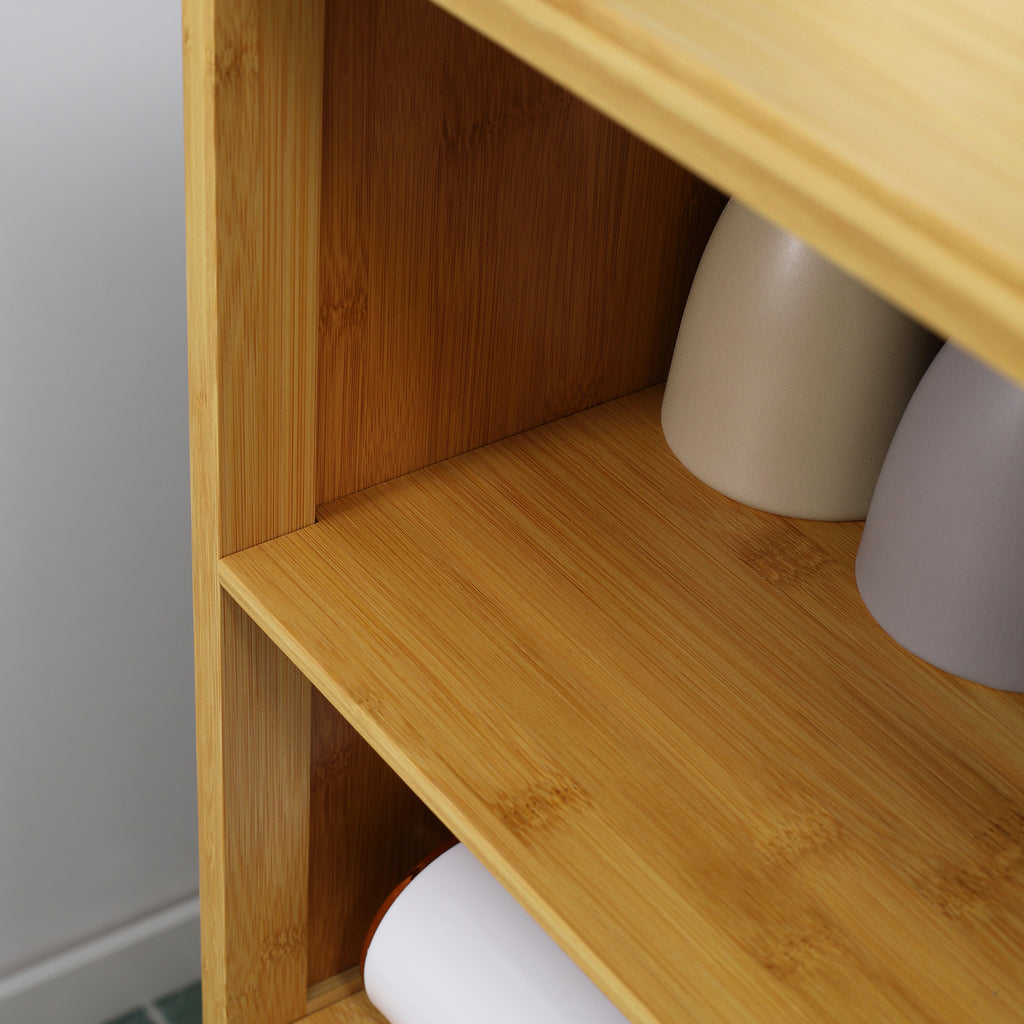 Space-Saving Wooden Bathroom Cabinet with Cupboard, 2 Doors and 2 Open Shelves, 50x29x92 cm