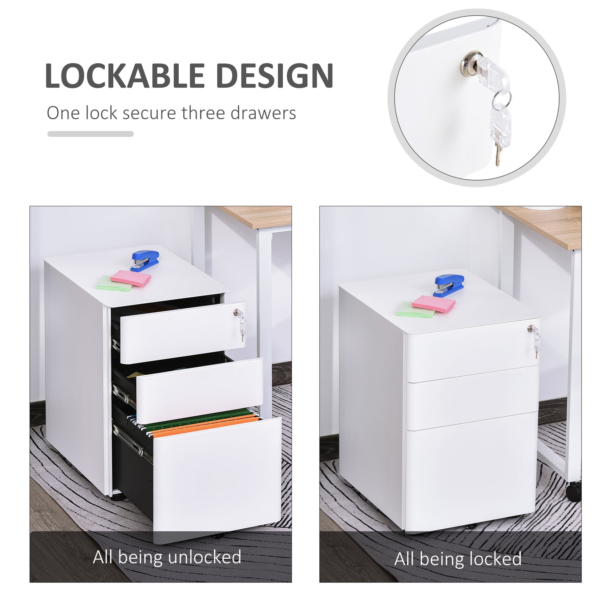 Office drawer winner 3 steel drawers with lock and wheels, 39x48x59cm, white - Borgè