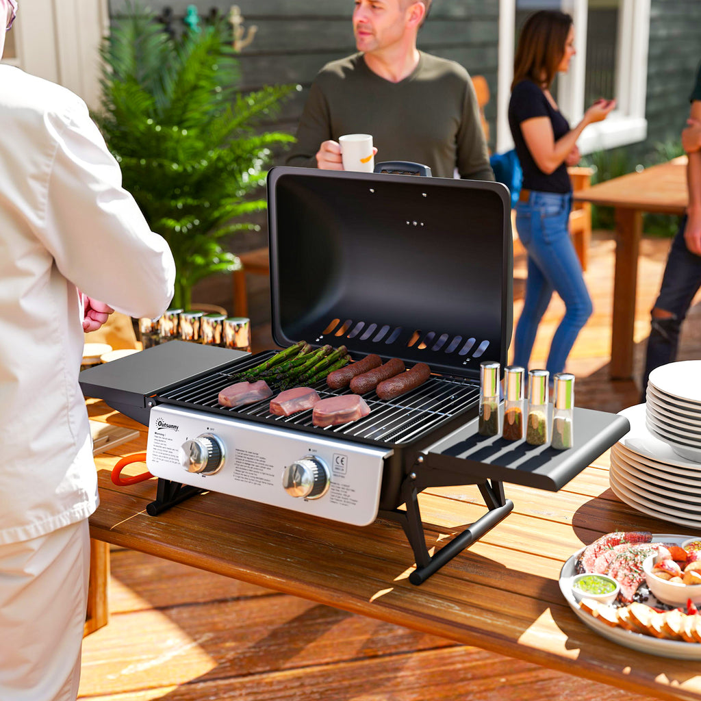 Portable Gas Grill with 2 Burners and Lid with Thermometer, Black