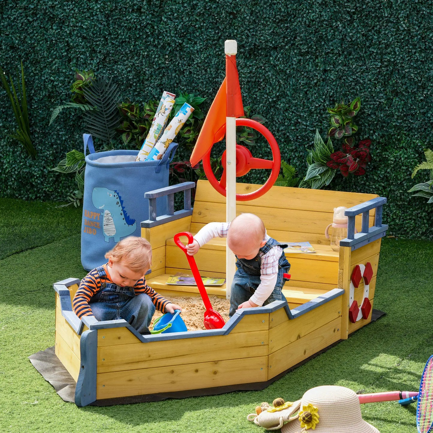 Children's Wooden Pirate Ship Sandpit with Storage Compartment, 158x78x45.5 cm