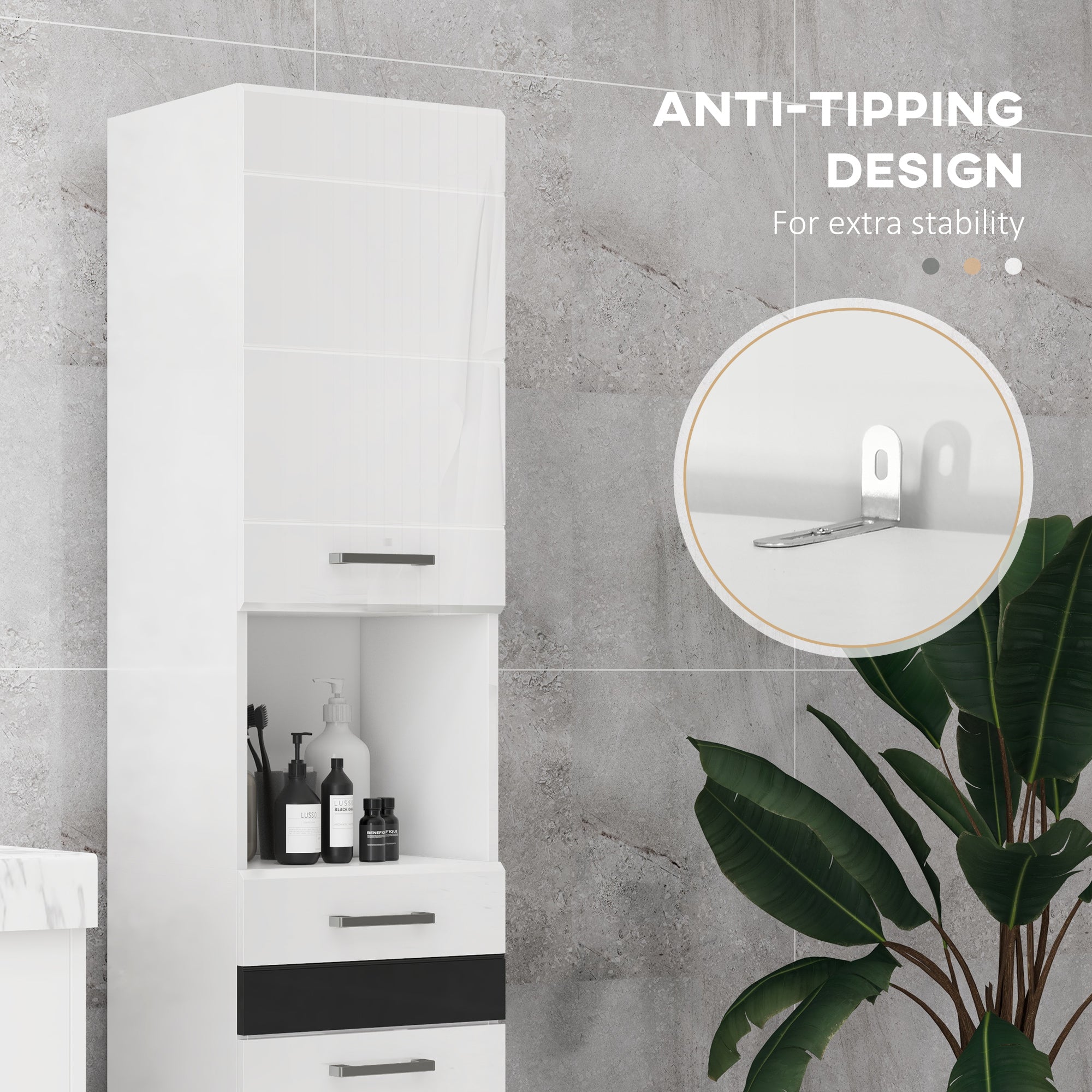 Kleankin Bathroom column in MDF with open shelf, drawer and locked locker, 37x32.5x170 cm, white - Borgè