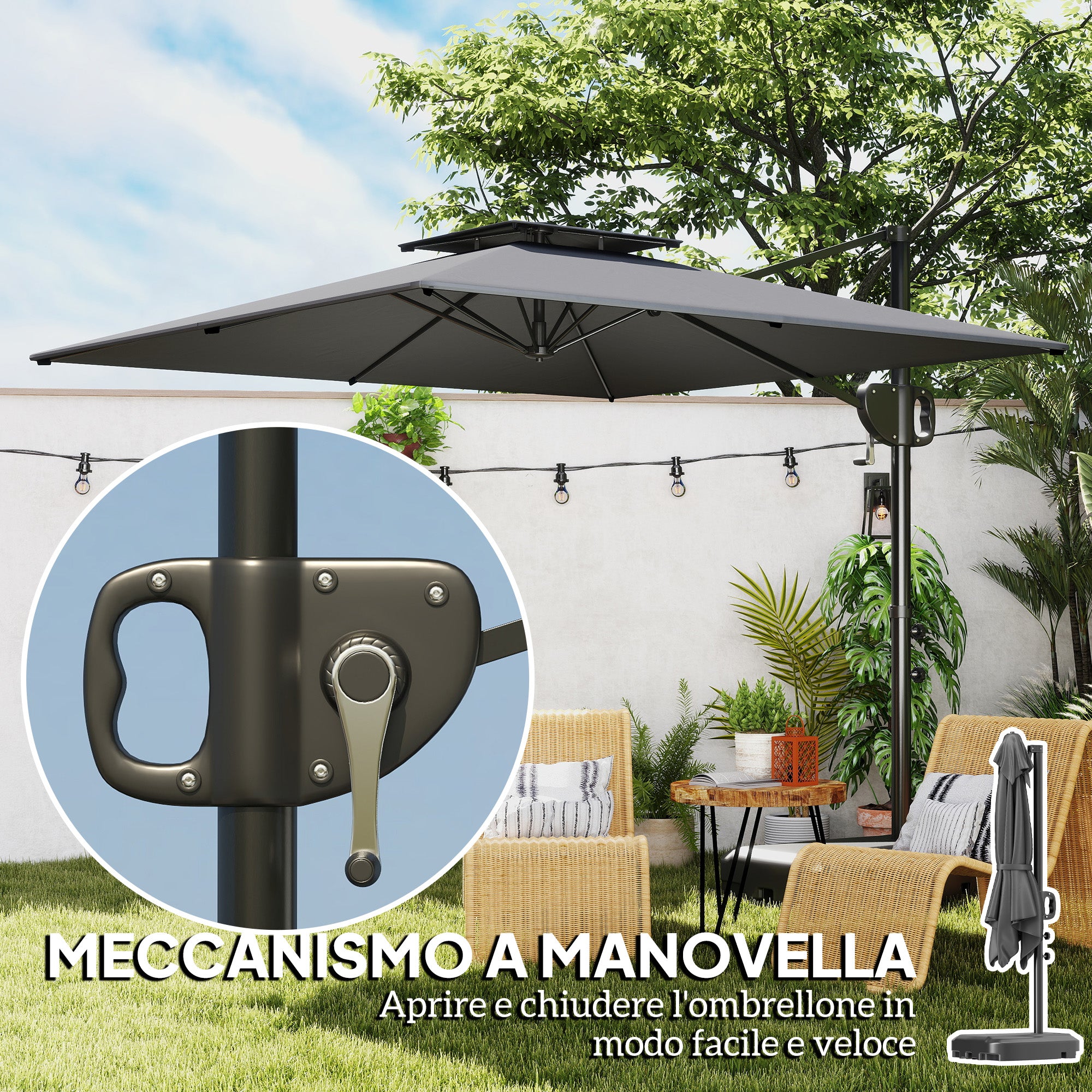 Arm Umbrella 2.5x2.5 m with Fillable Base, Crank and Tilting Head, Dark Gray