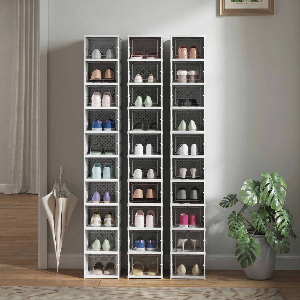 HOMCOM Slim Folding Shoe Rack with 10 Shoe Compartments, Space-Saving Shoe Cabinet with Transparent Panel, No Assembly Required, White