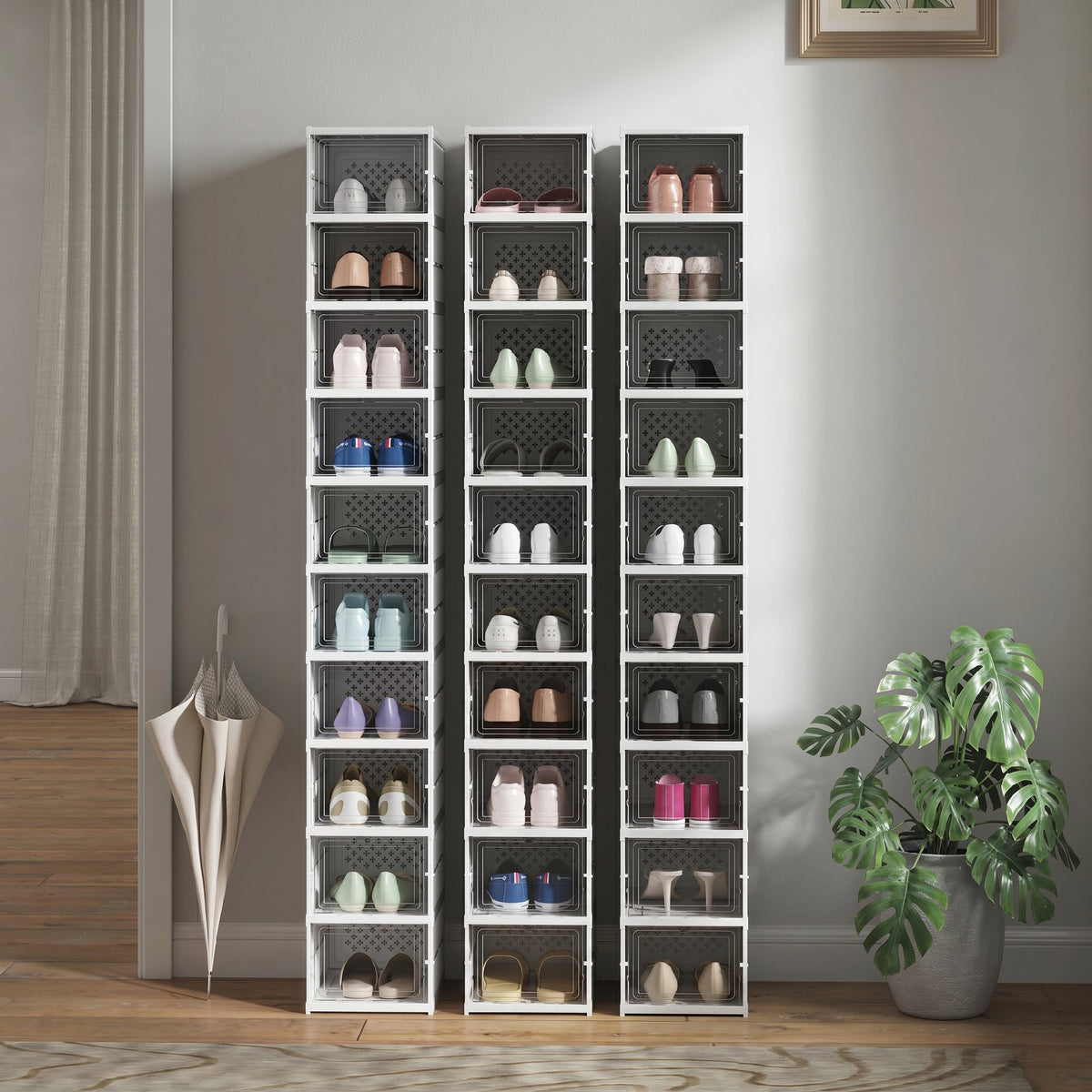 HOMCOM Slim Folding Shoe Rack with 10 Shoe Compartments, Space-Saving Shoe Cabinet with Transparent Panel, No Assembly Required, White