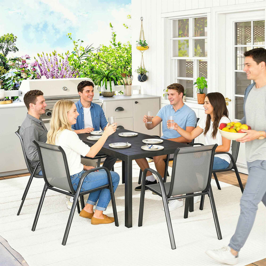 Outsunny Steel Outdoor Set with Rectangular Table and 6 Stackable Texteline Chairs, Light Grey