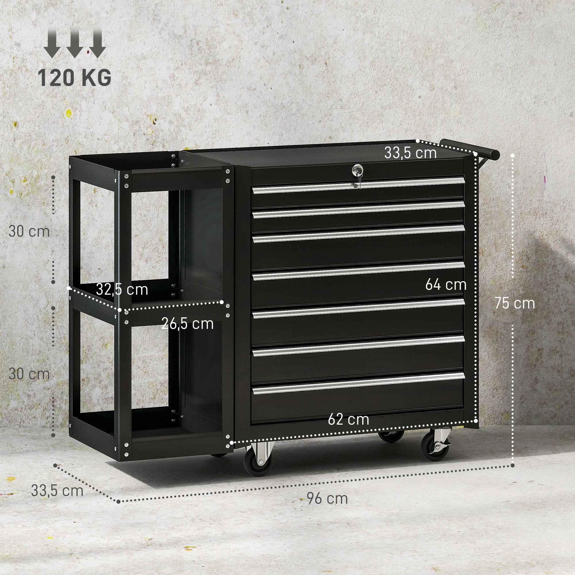 HOMCOM Steel Tool Cart with 7 Drawers, Detachable Side Shelf, Wheels, 120kg Capacity, Black