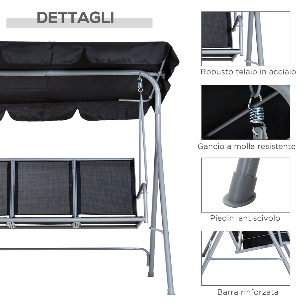 Outsunny 3-Seater Metal Garden Swing, Removable and Washable Sun Canopy, Black and Silver, 171x108x150cm