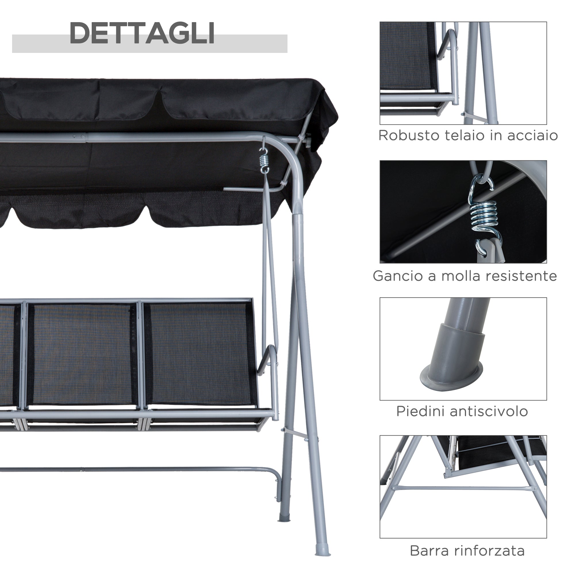Outsunny 3-Seater Metal Garden Swing, Removable and Washable Sun Canopy, Black and Silver, 171x108x150cm