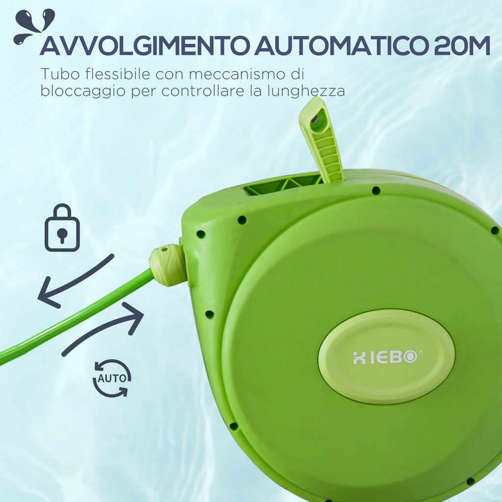 Retractable Garden Hose Reel with 20m Water Hose, 180° Rotatable Wall Mounted Hose Reel, Automatic Hose Reel Garden Hose for Watering Plastic, Green