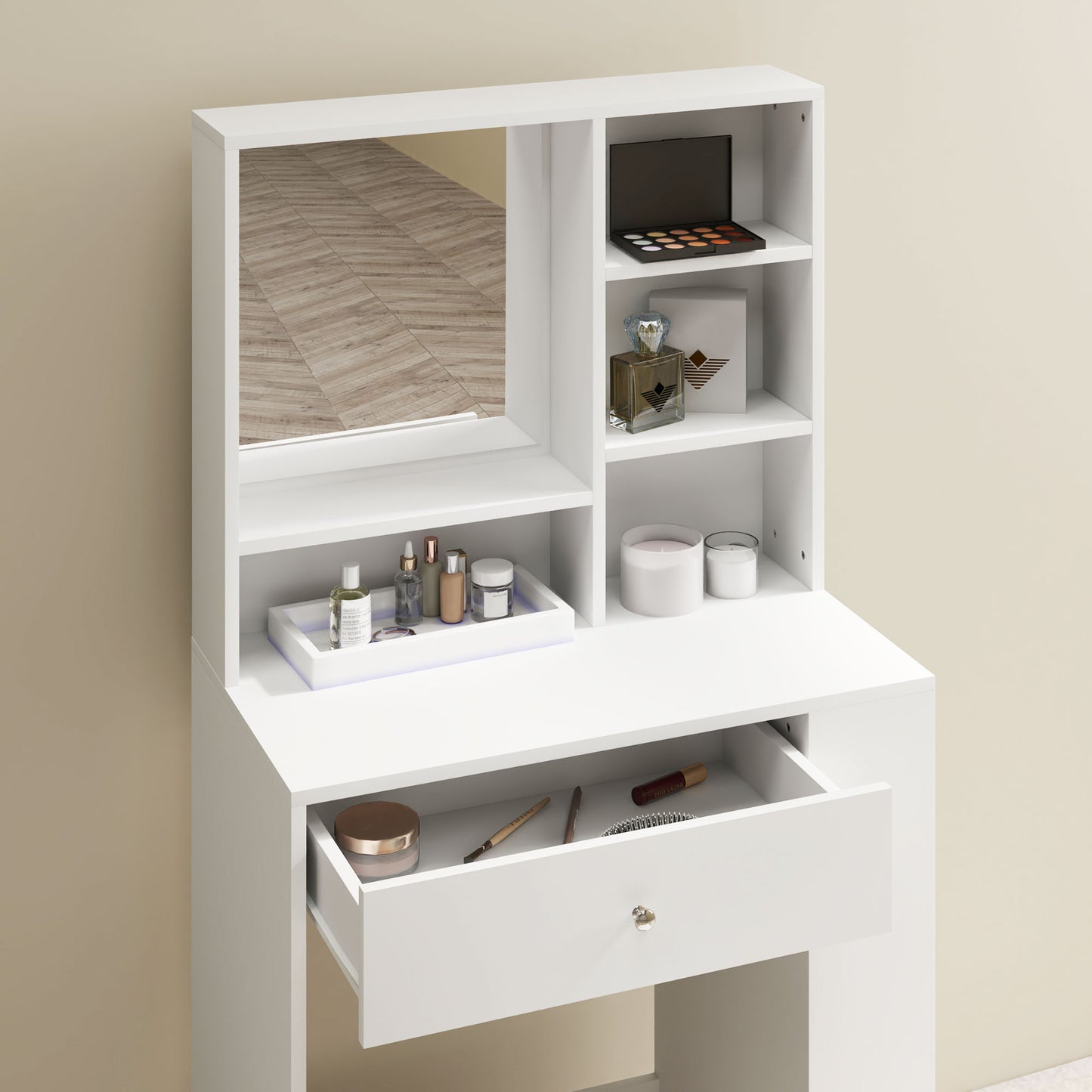 Makeup Vanity Set with Coffee Table and Stool, Mirror and Shelves in Wood, White