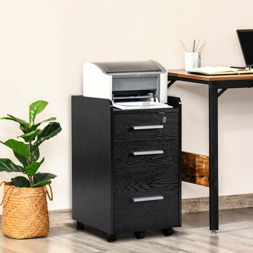 3-Drawer Wooden File Cabinet with Security Keys and 5 Wheels, 39.2 x 40 x 65.4 cm, Black