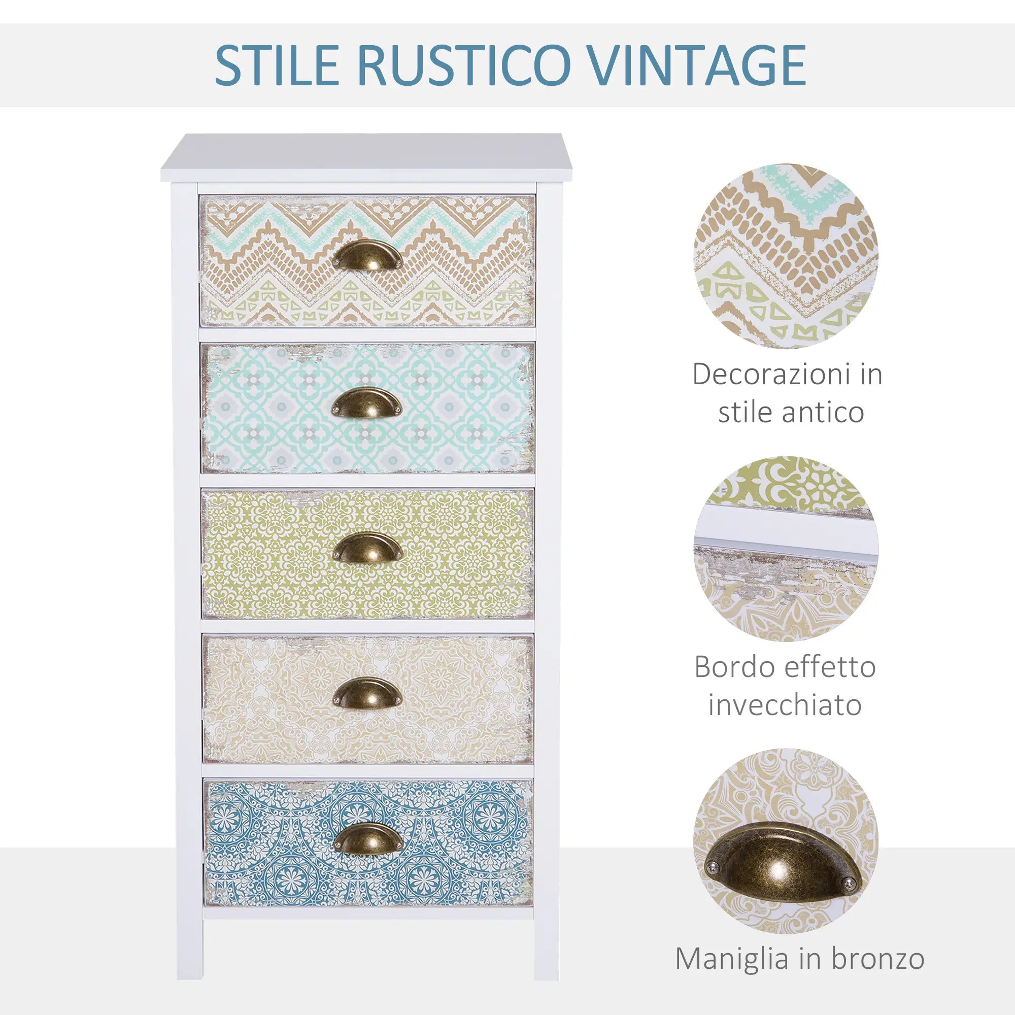 Vintage Chest of Drawers Cabinet with 5 Drawers Shabby Style Bathroom, Entrance, Bedroom 46 × 34 × 97.5cm White
