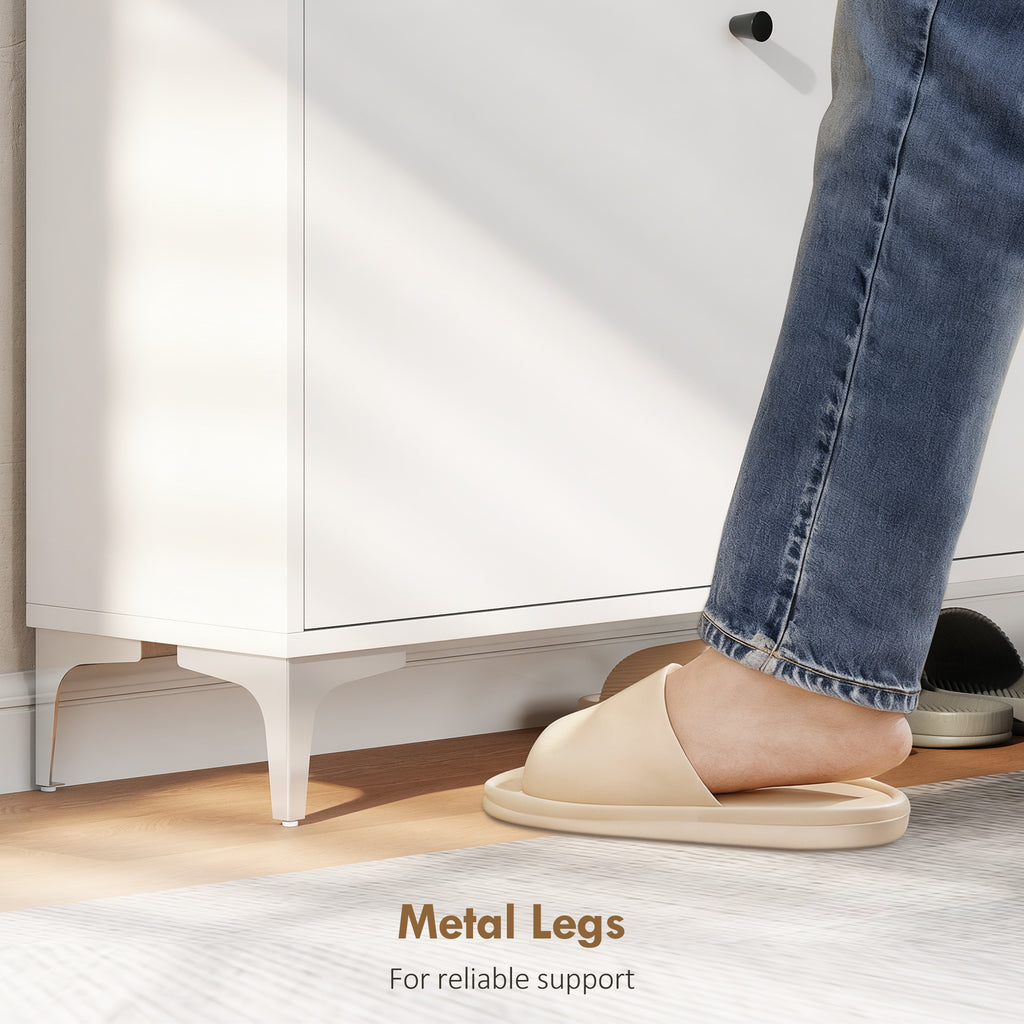 Slim Shoe Rack with 2 Flap Drawers and Adjustable Shelves, Made of Wood and Metal, 80x24x101 cm, White