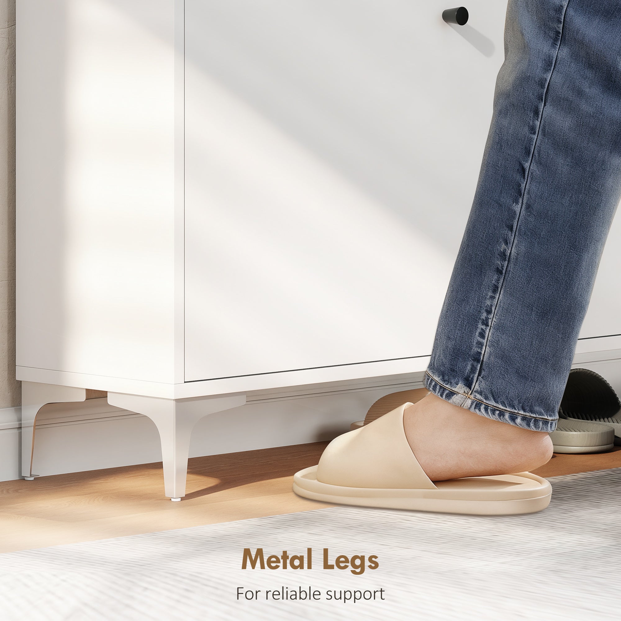 Slim Shoe Rack with 2 Flap Drawers and Adjustable Shelves, Made of Wood and Metal, 80x24x101 cm, White