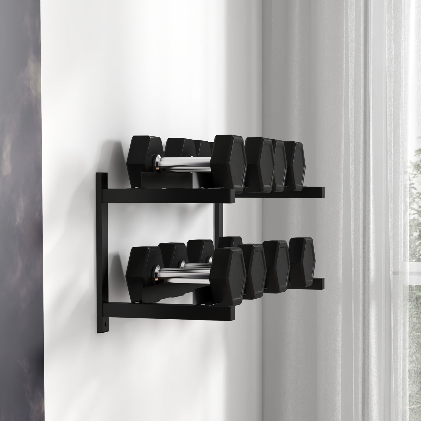 2-Tier Wall-mounted Dumbbell Rack for 70kg max, in Steel, 98x40x35 cm, Black - Borgè