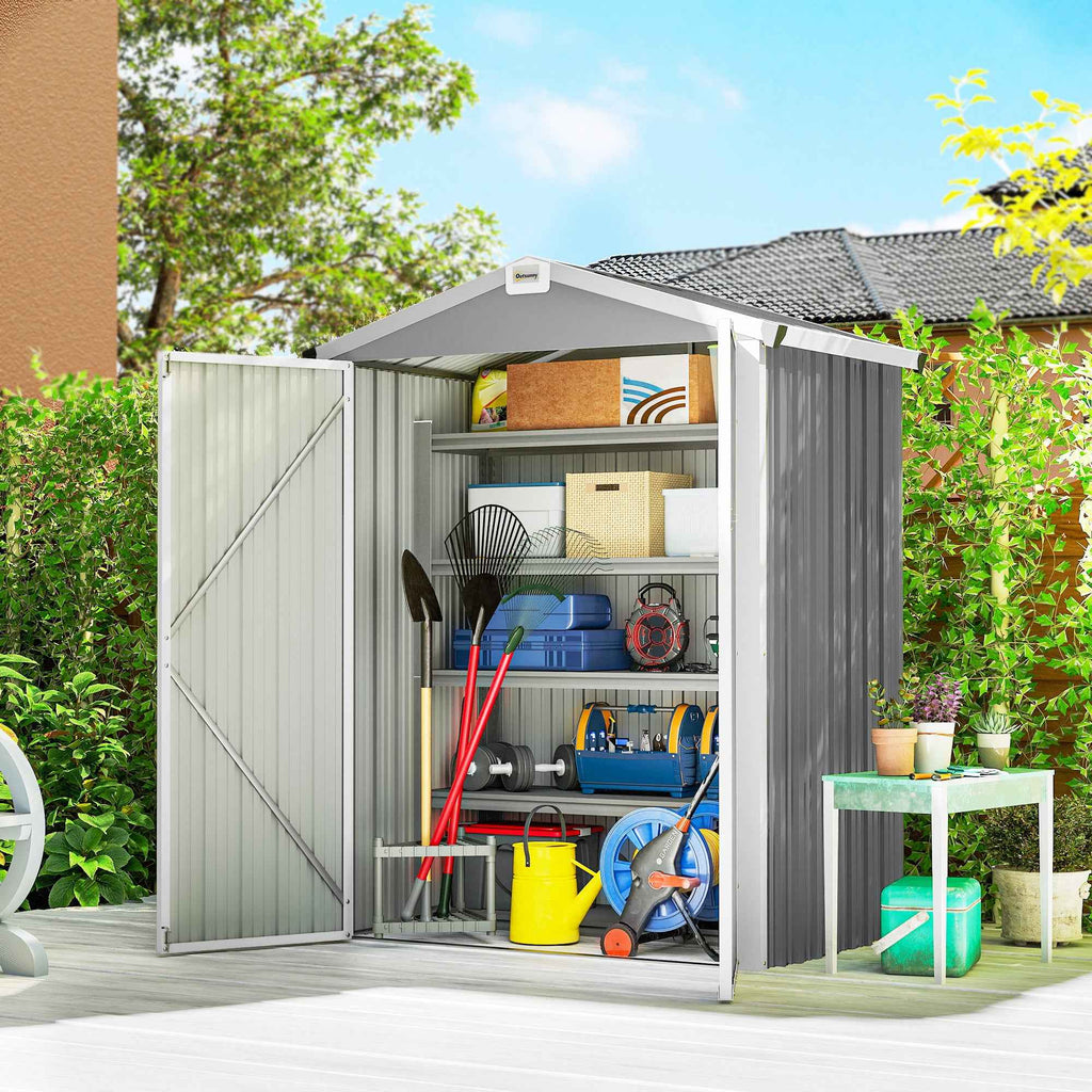 Outsunny 1.1m² Steel Garden Shed with Lockable Double Doors, 133x87x178cm, Silver Grey
