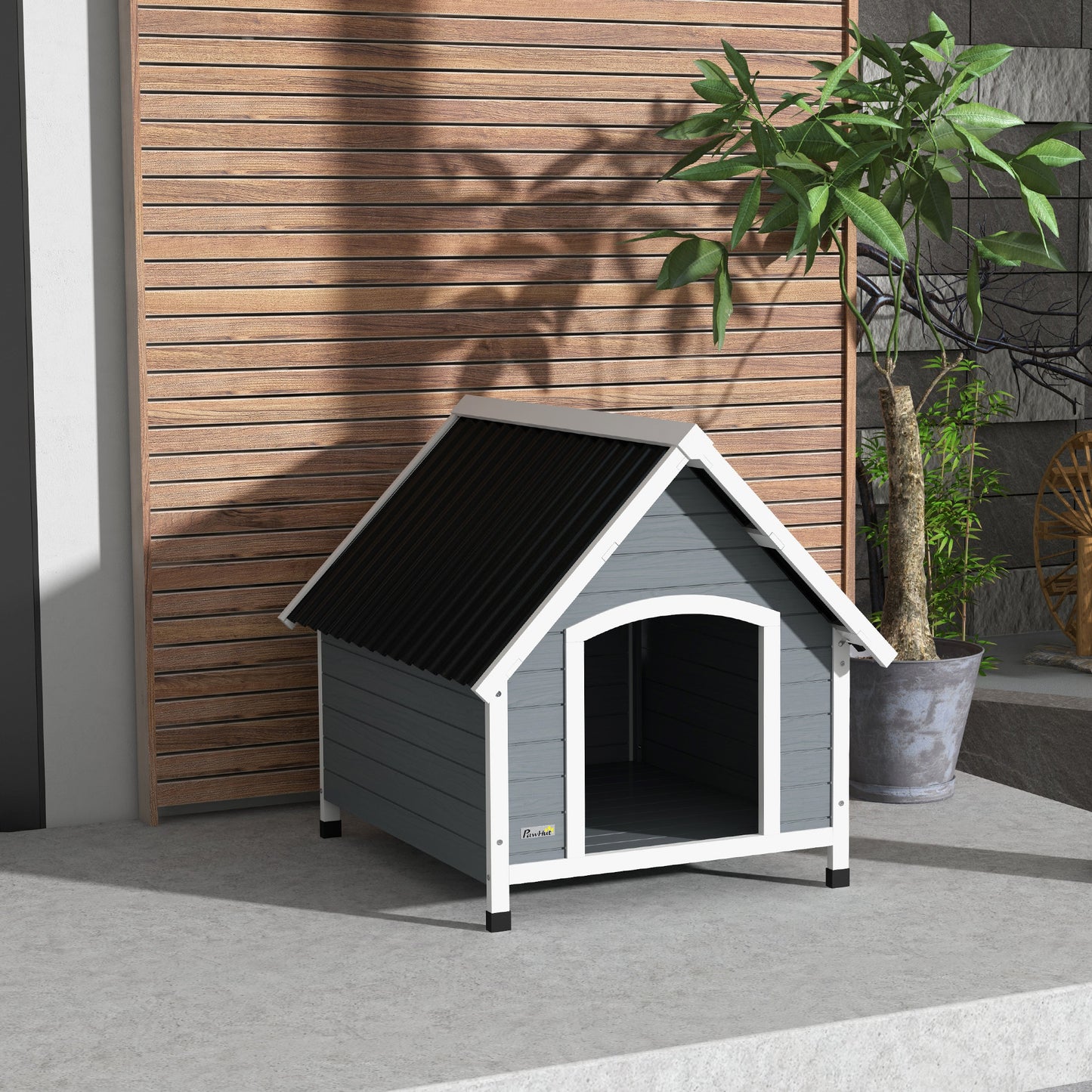 PawHut Outdoor Wooden Dog Kennel, House for Large Dogs with Removable Floor, 84x99x87cm, Gray