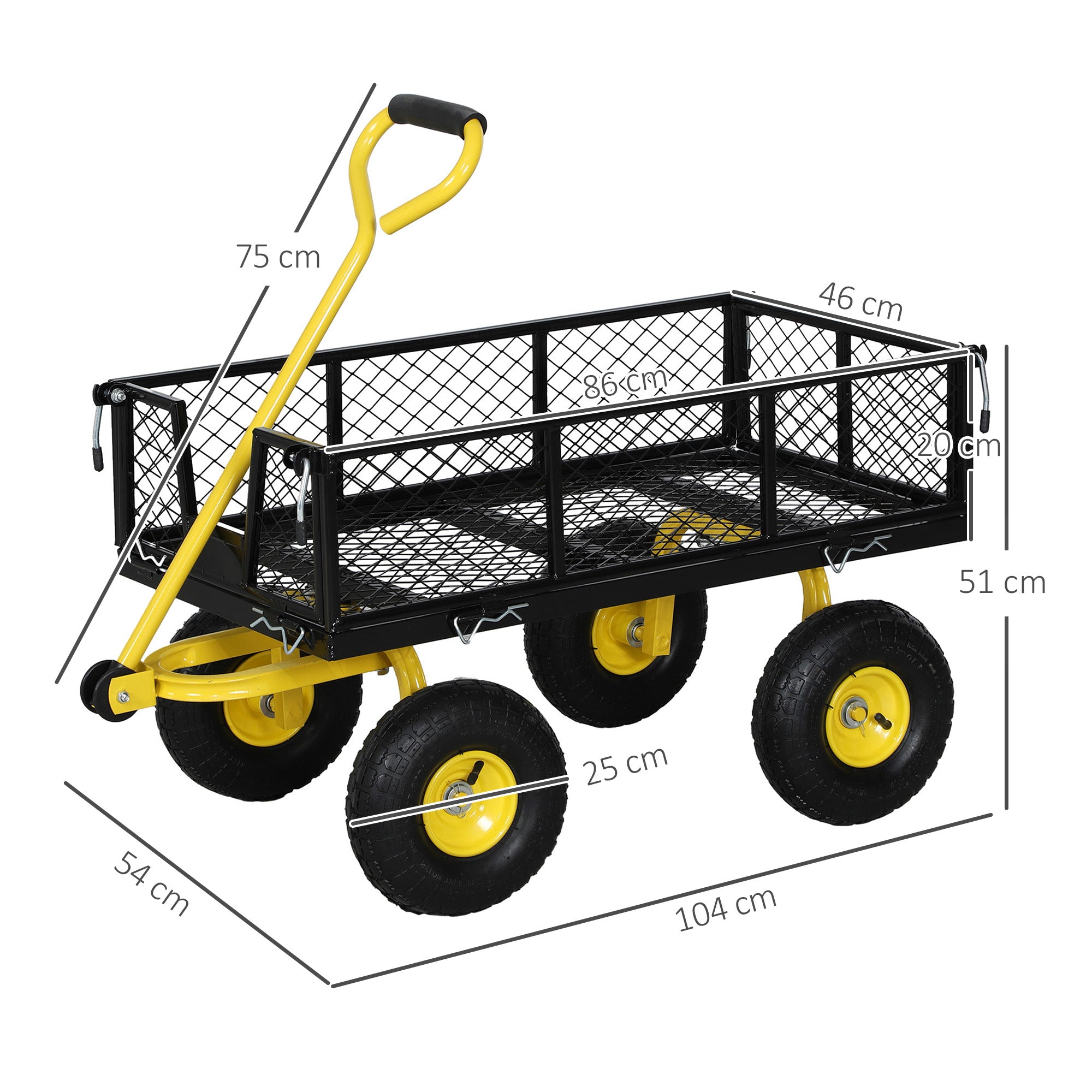 Steel Garden Cart with 200kg Capacity and Removable Side Walls, 104x54x51 cm, Black and Yellow