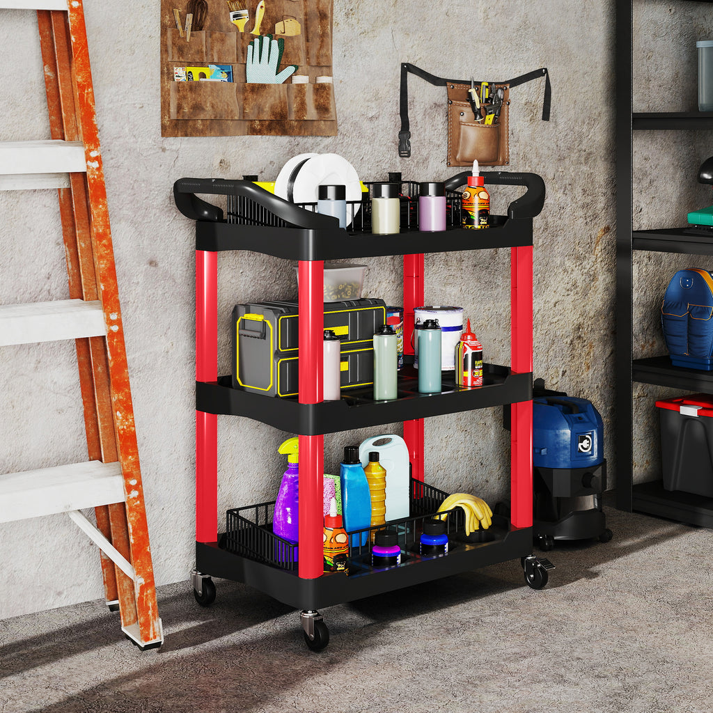 3-Tier Plastic Tool Cart with Handles and Wheels, Capacity 91 kg, 83x43x97 cm, Red