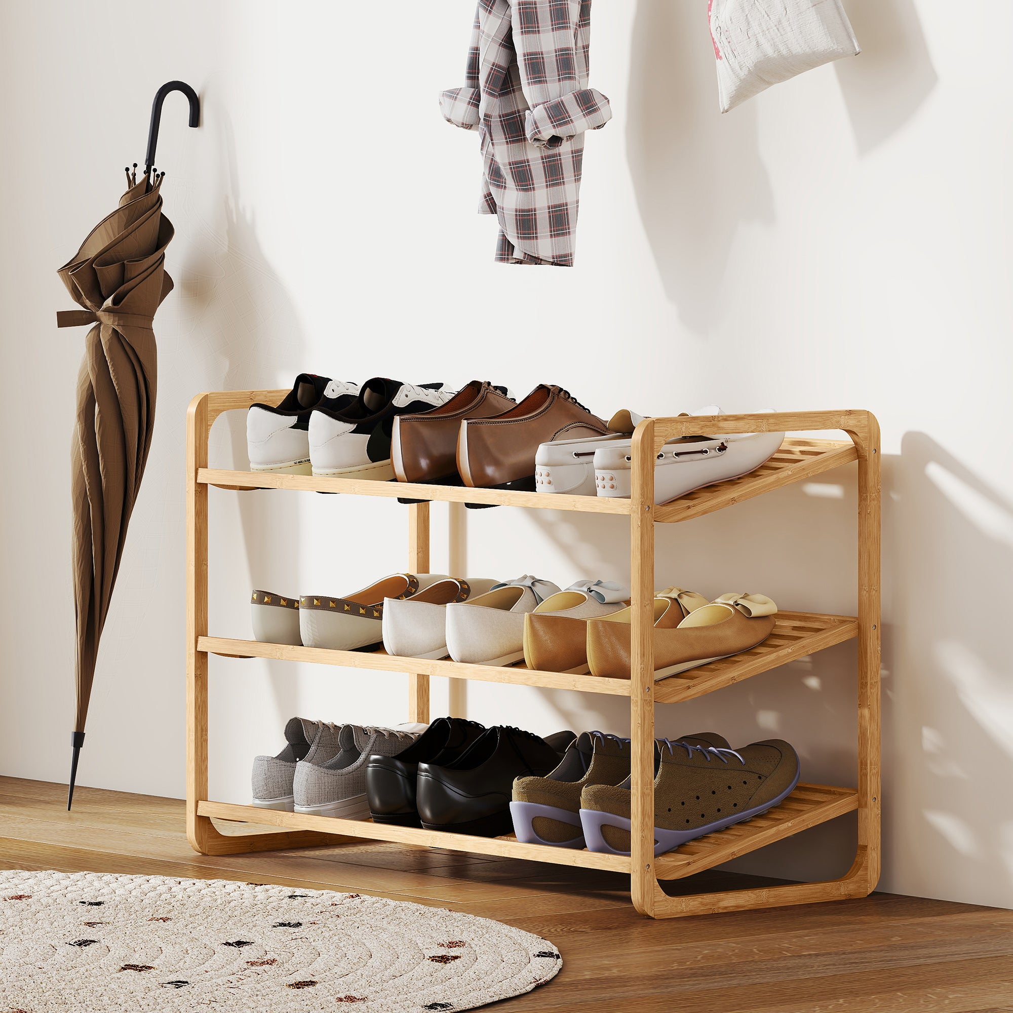 3-Tier Shoe Rack with Bamboo Slatted Shelves for 12 Shoes, 76 x 33 x 50.8 cm, Wood Color