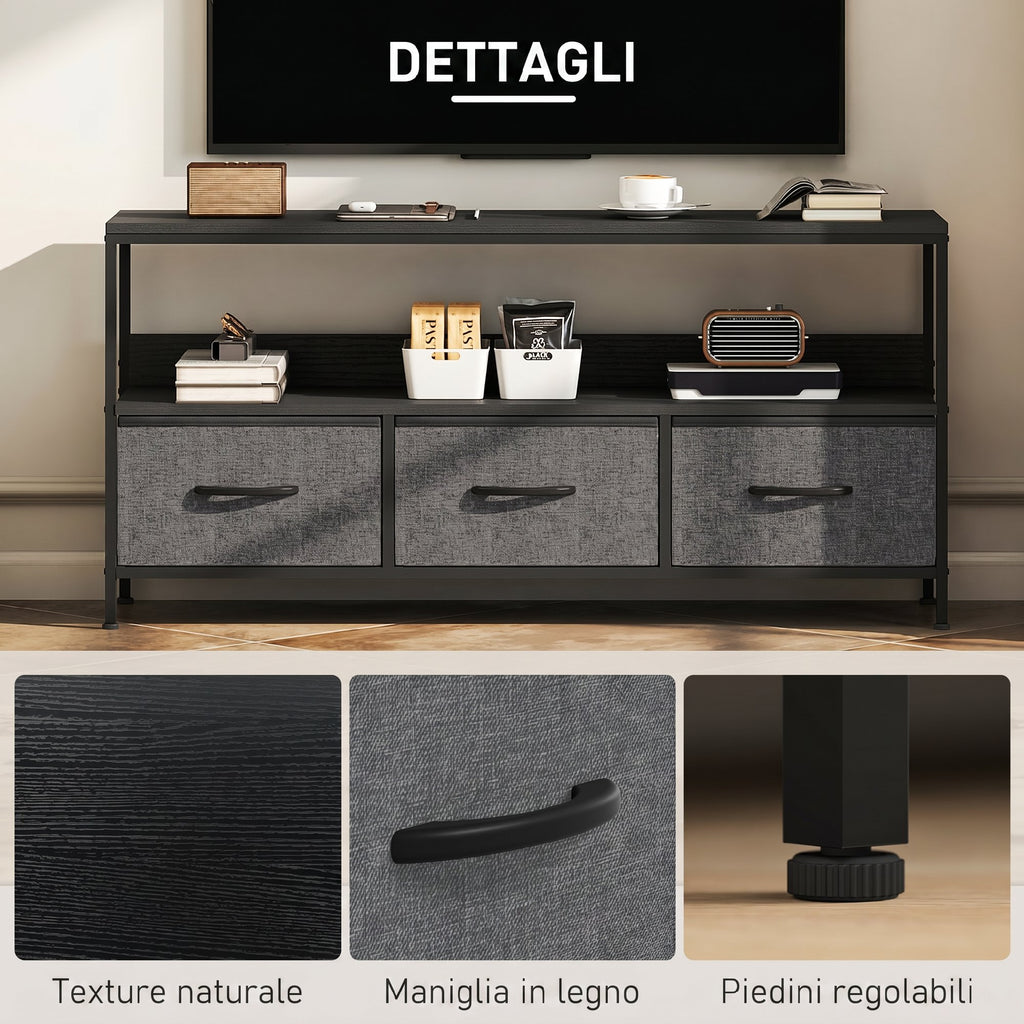 HOMCOM 55" TV Stand with Folding Fabric Drawers and Metal and MDF Shelf, 120x29x56cm, Black