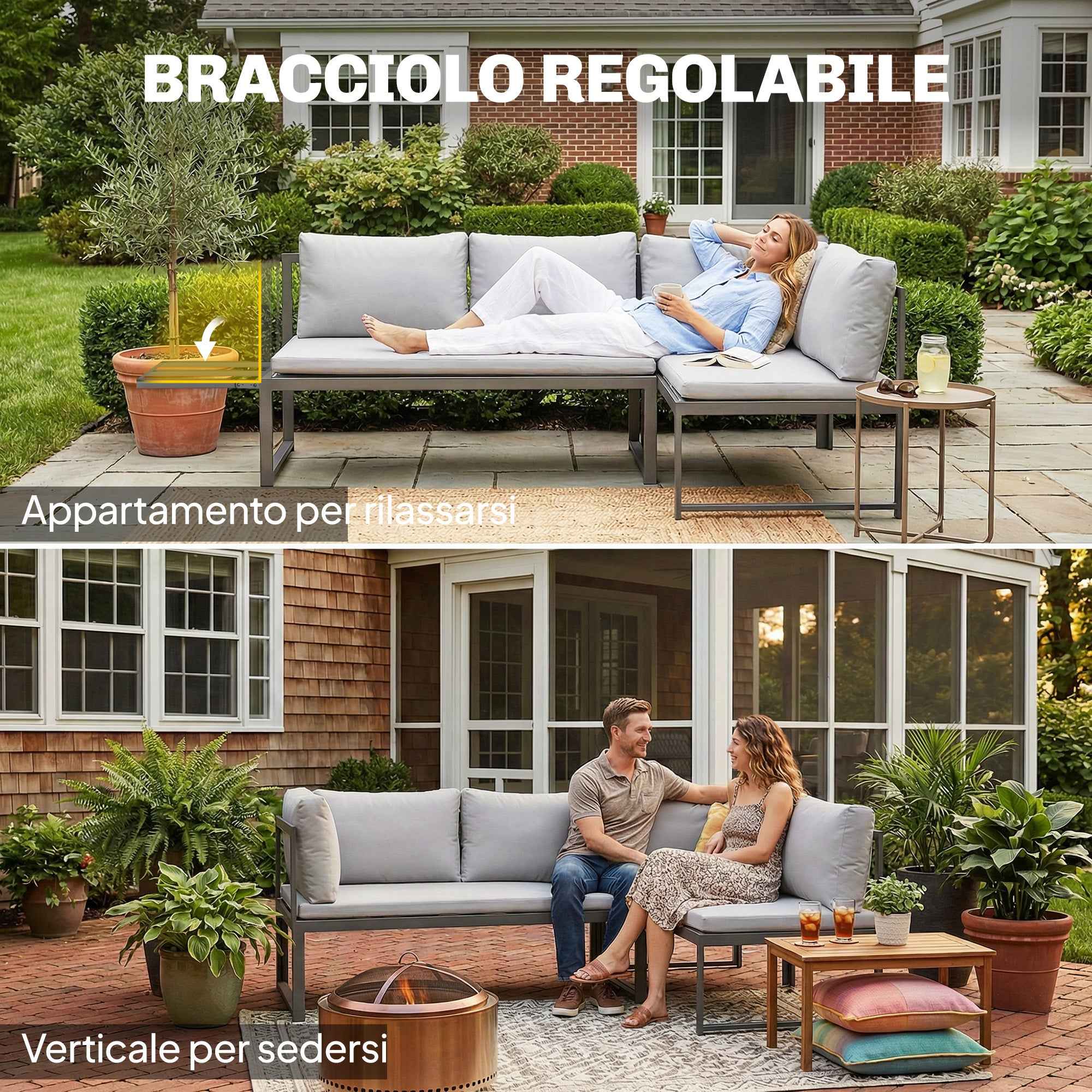 Outsunny 3-Piece Garden Set with 4-Seater Corner Sofa and Slatted Coffee Table, in Metal and Grey Polyester