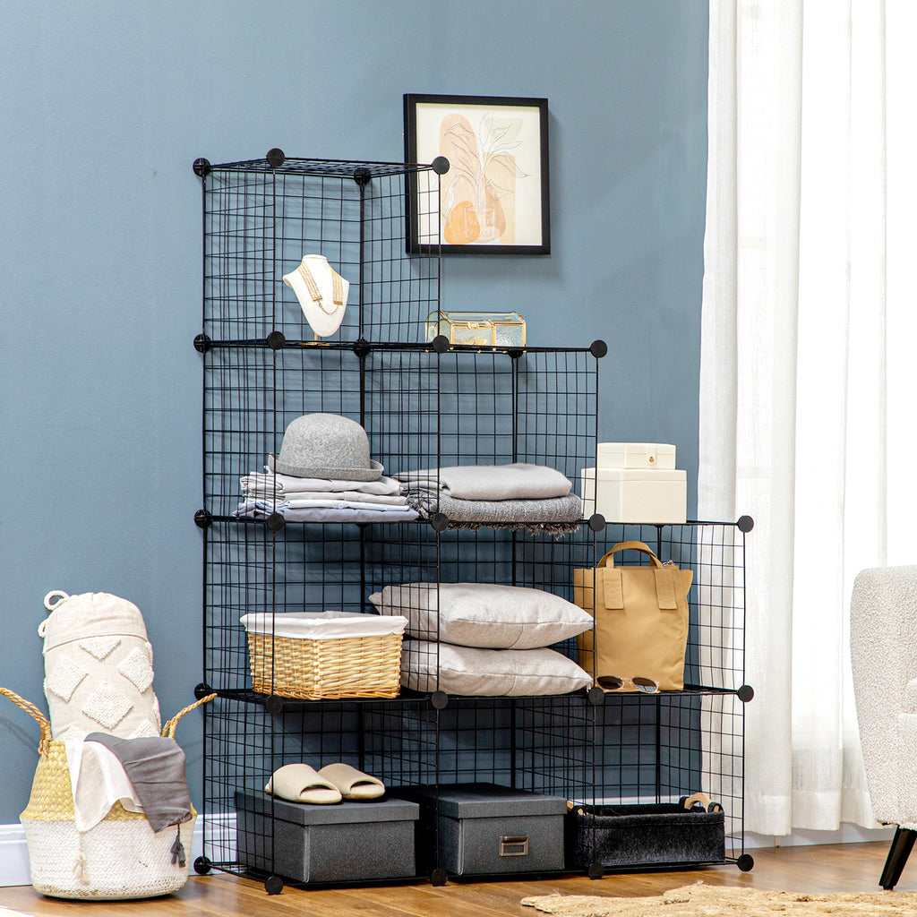 Space-saving bookcase cabinet, 9 mesh cubes with steel and PP panels, 35x35x35 cm, Black