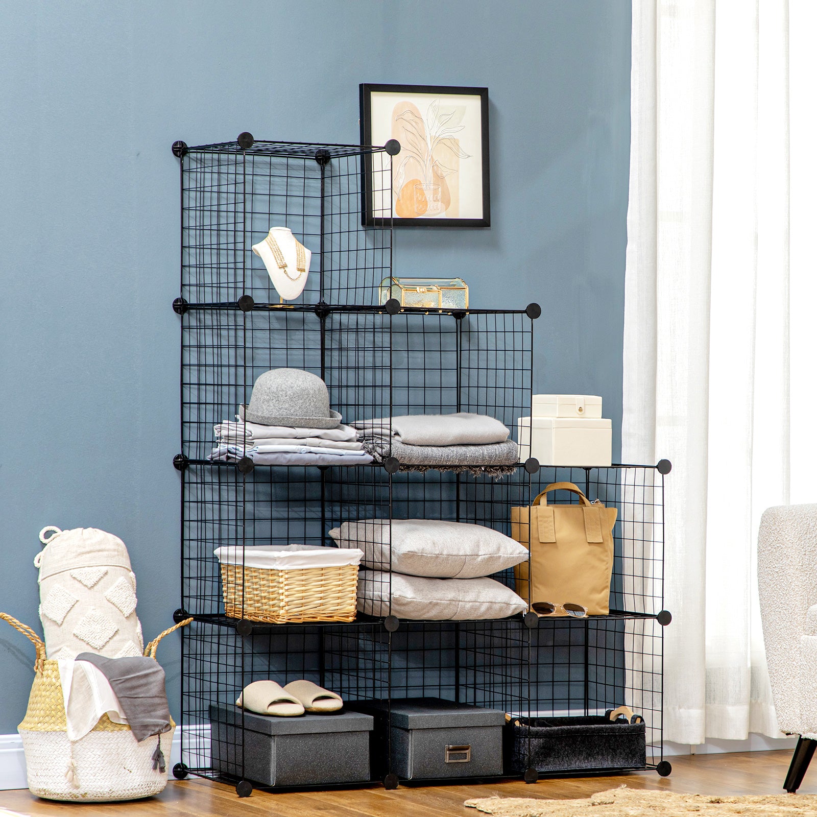 Space-saving bookcase cabinet, 9 mesh cubes with steel and PP panels, 35x35x35 cm, Black