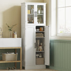 Tall Bathroom Cabinet with Adjustable Shelves, Glass and Wood Doors, 60x30x170 cm, White
