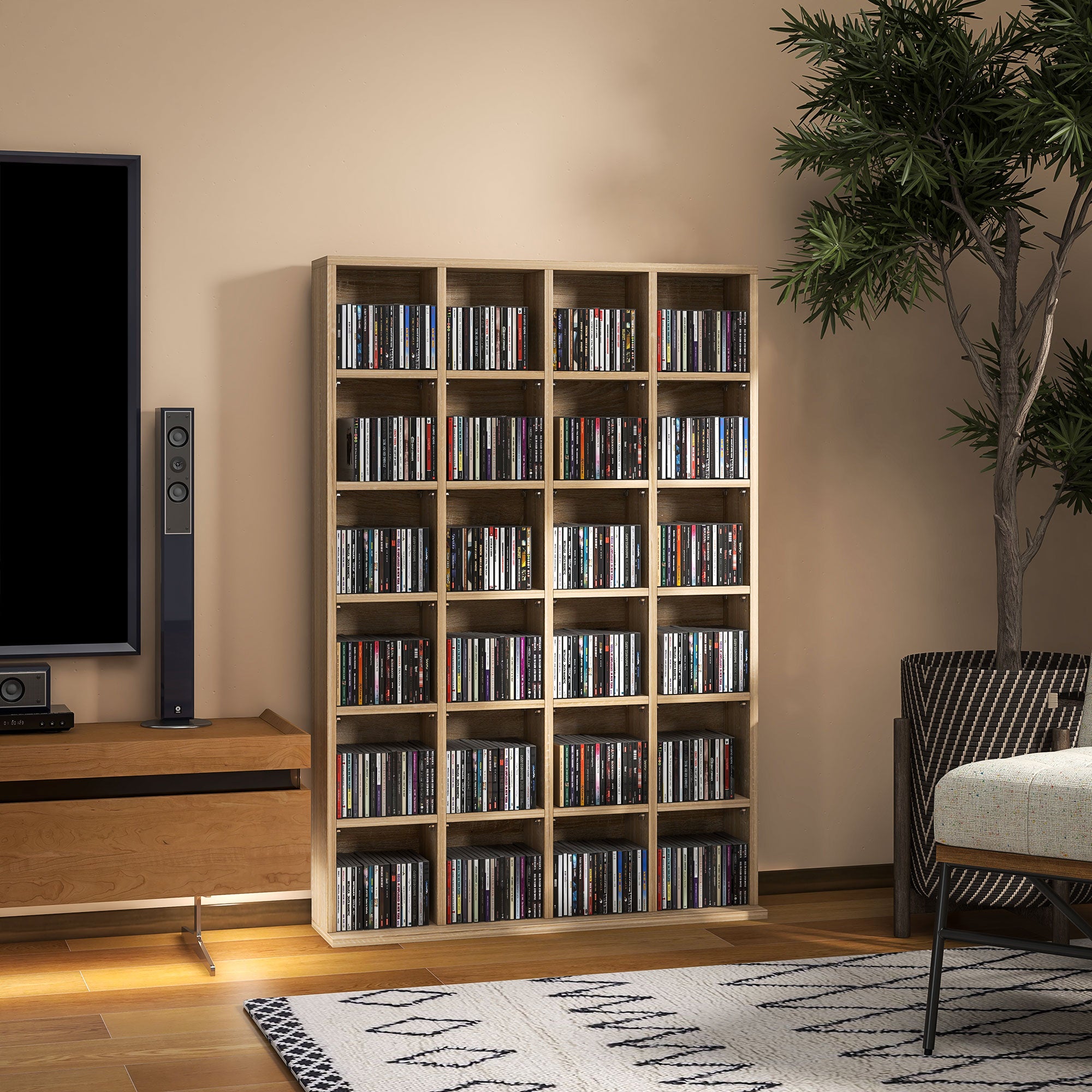 CD Cabinet with Adjustable Shelves for 456 CDs or 336 DVDs, 24 Compartments, 89x20x130.5 cm, Wood